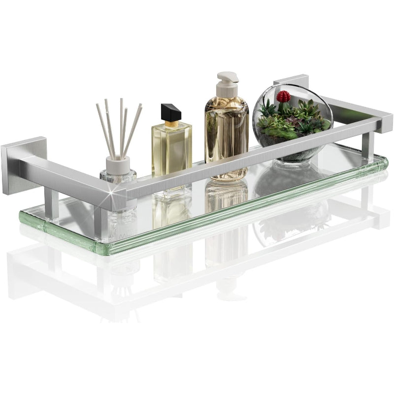 Brushed‑Nickel Floating Glass Bathroom Shelf