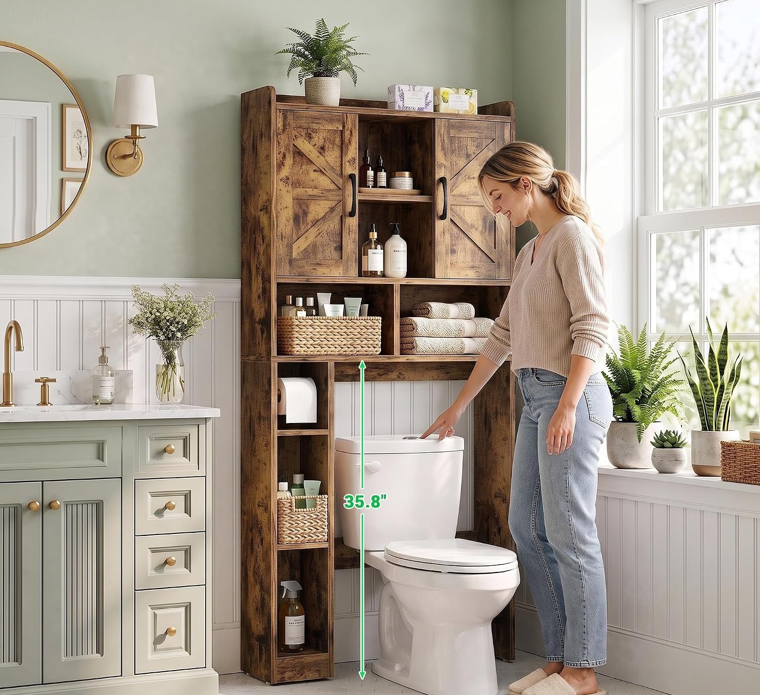 Farmhouse Barn‑Door Over‑Toilet Storage Cabinet