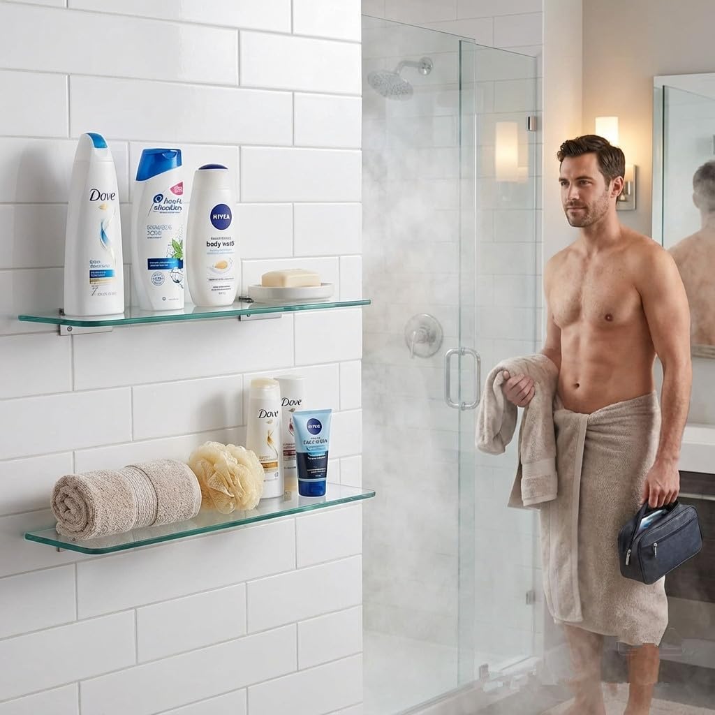 2‑Tier Tempered Glass Wall‑Mount Shower Shelves