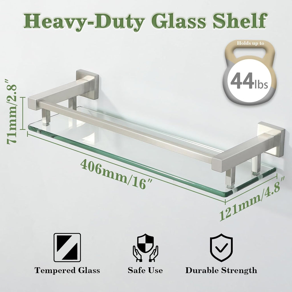 Brushed‑Nickel Floating Glass Bathroom Shelf