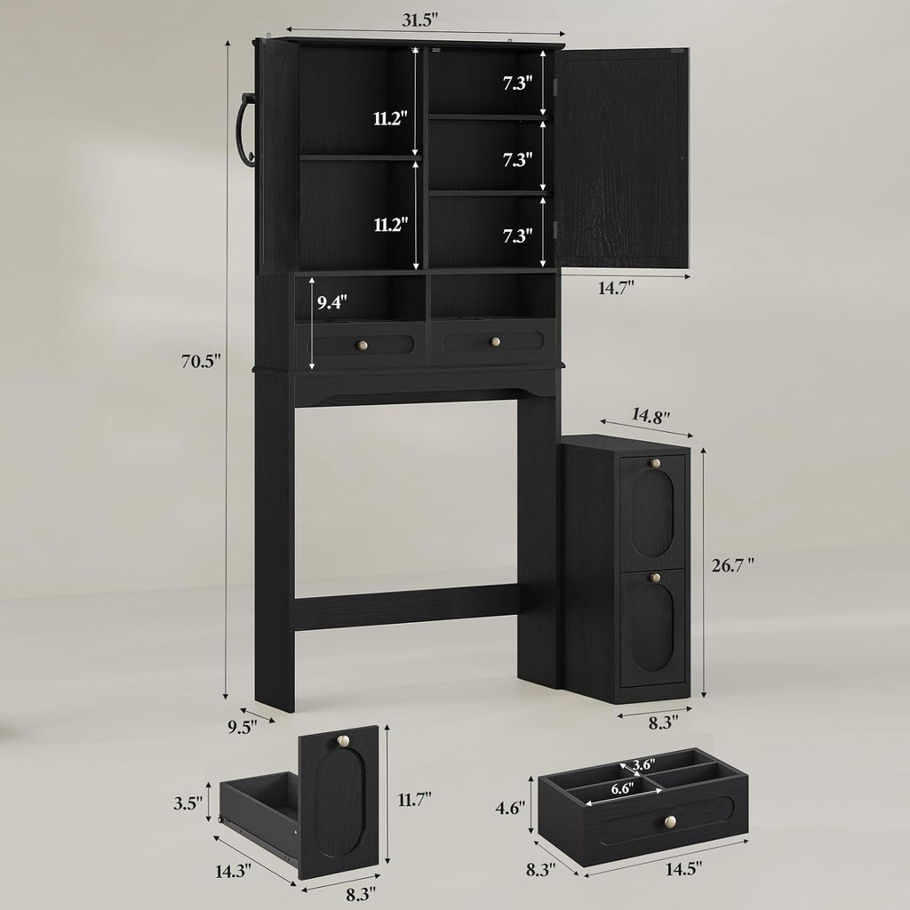Black Over‑Toilet Storage Cabinet with Drawers
