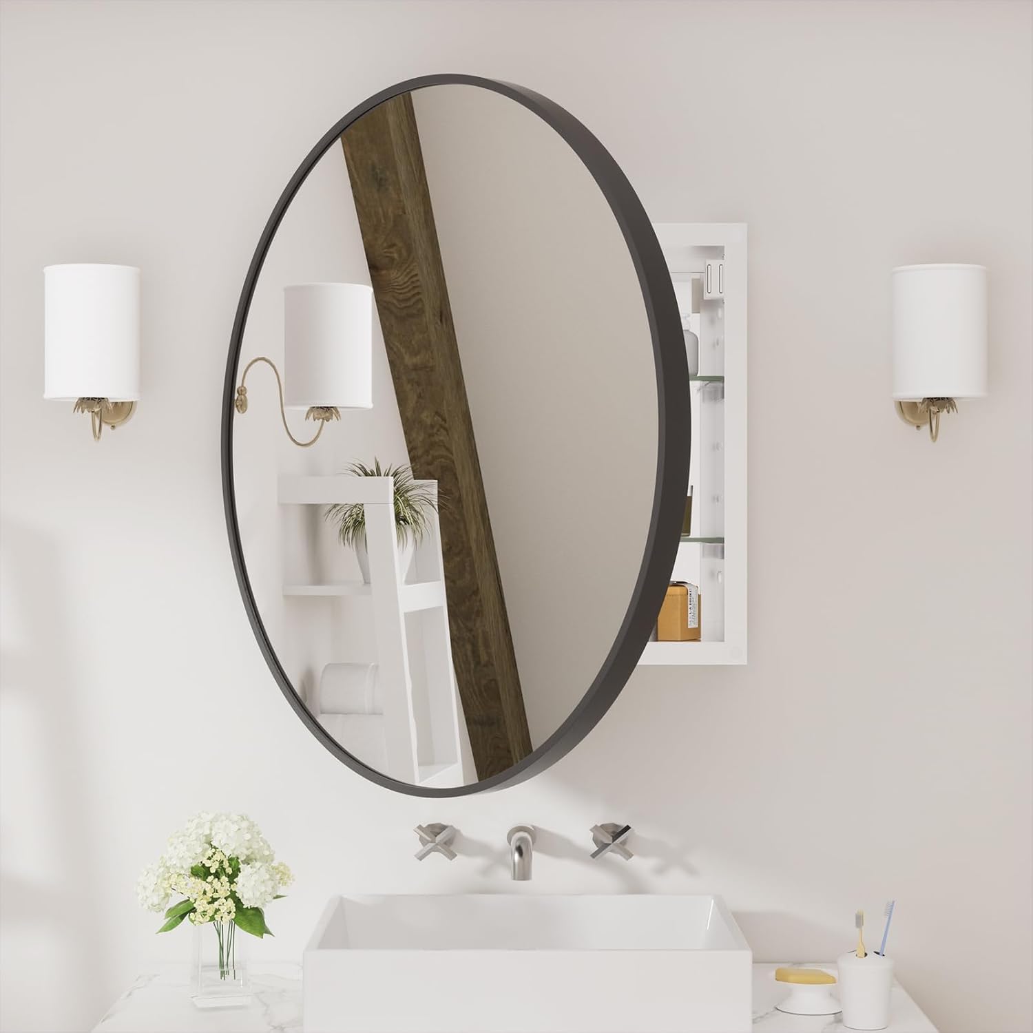 Black Round Wall‑Mount Mirror Medicine Cabinet