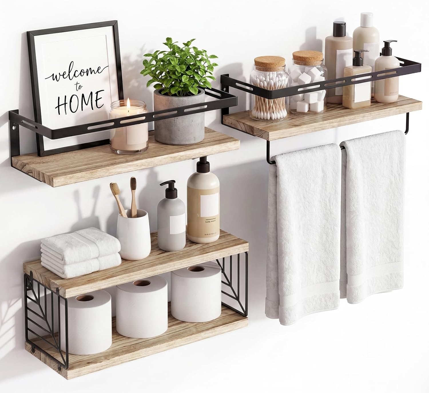 Light‑Brown 3+1 Tier Wall‑Mount Bathroom Shelves