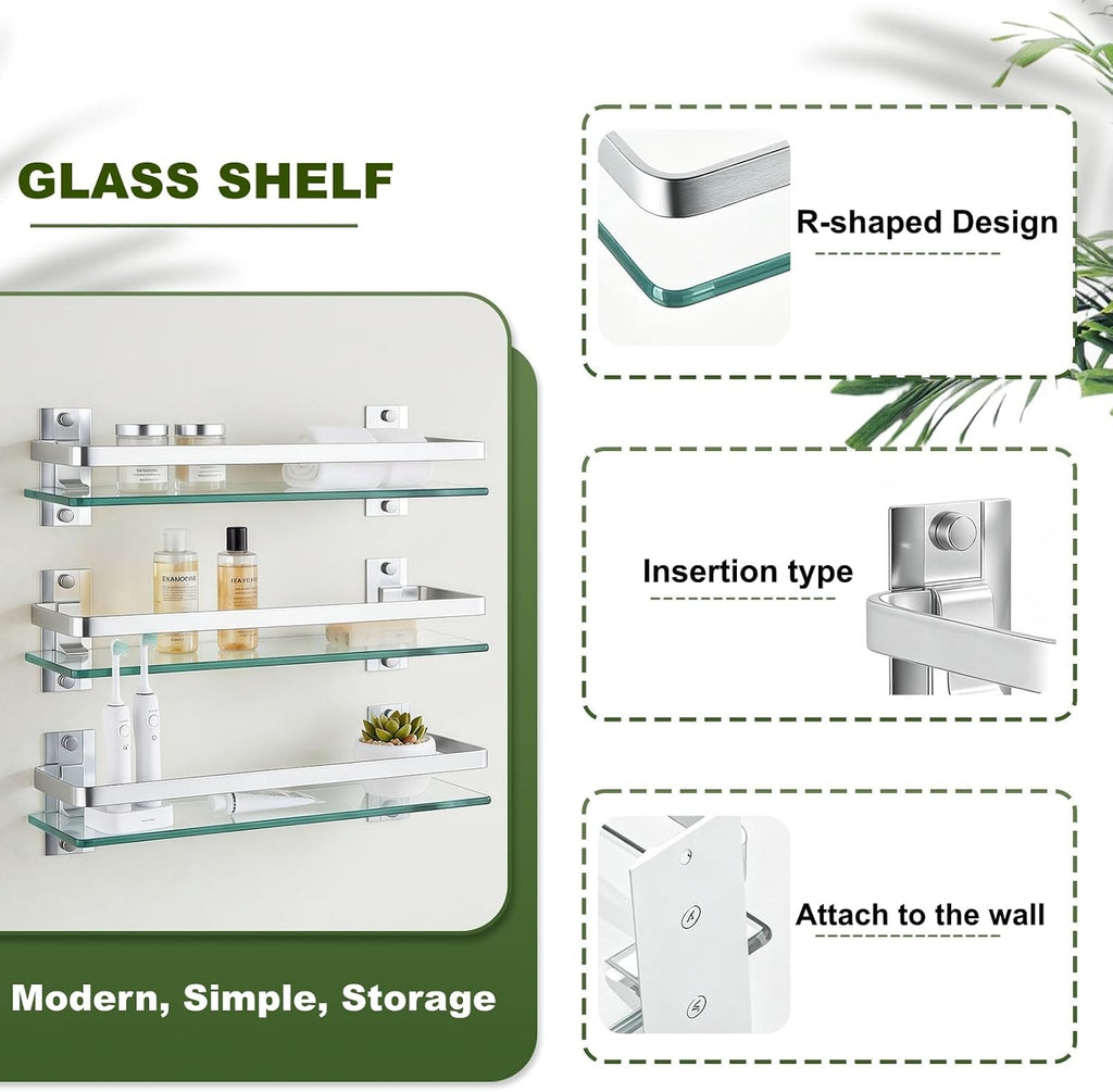 Silver Wall‑Mount Floating Glass Bathroom Shelf