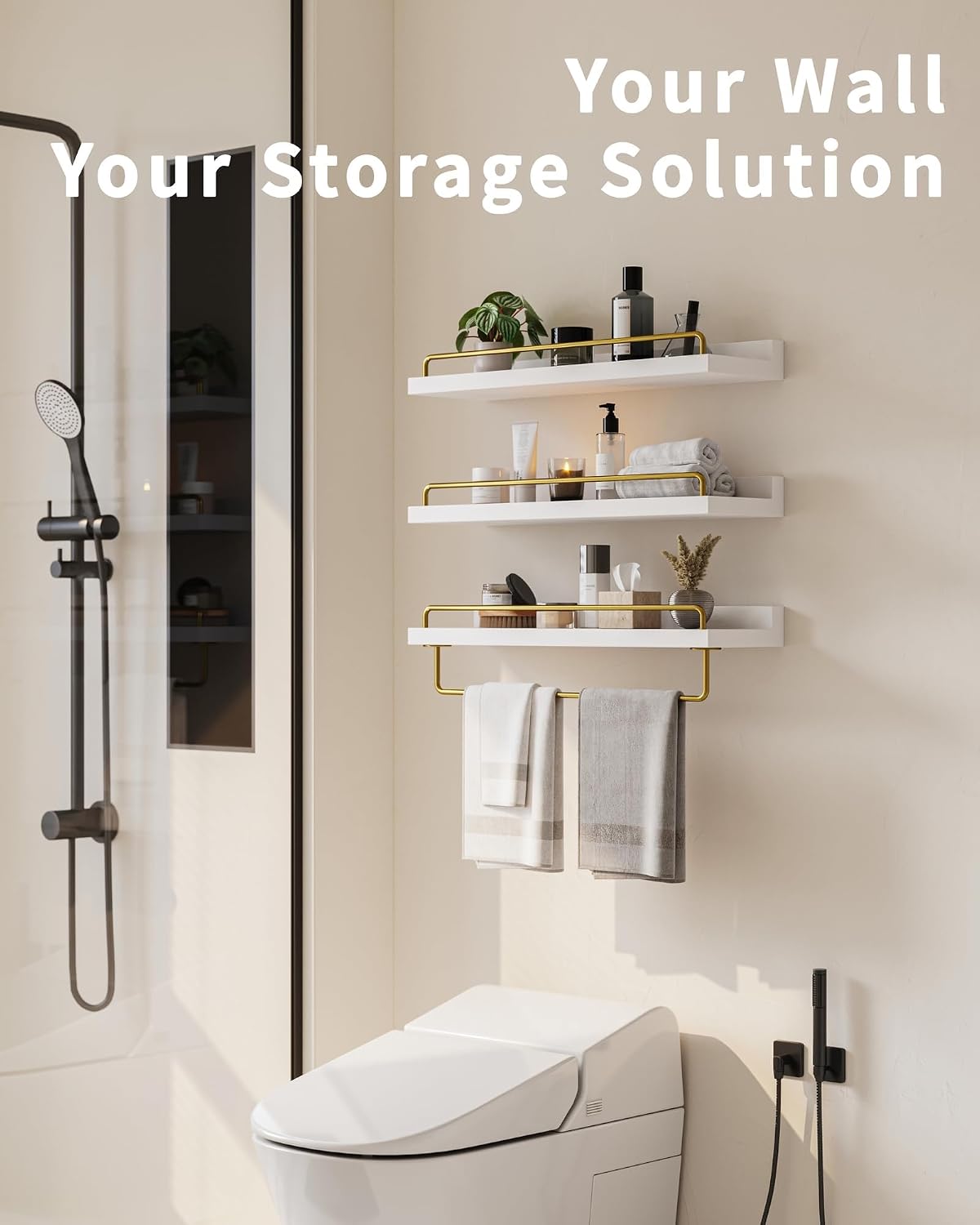 White‑Gold 3‑Pack Floating Wall Shelves