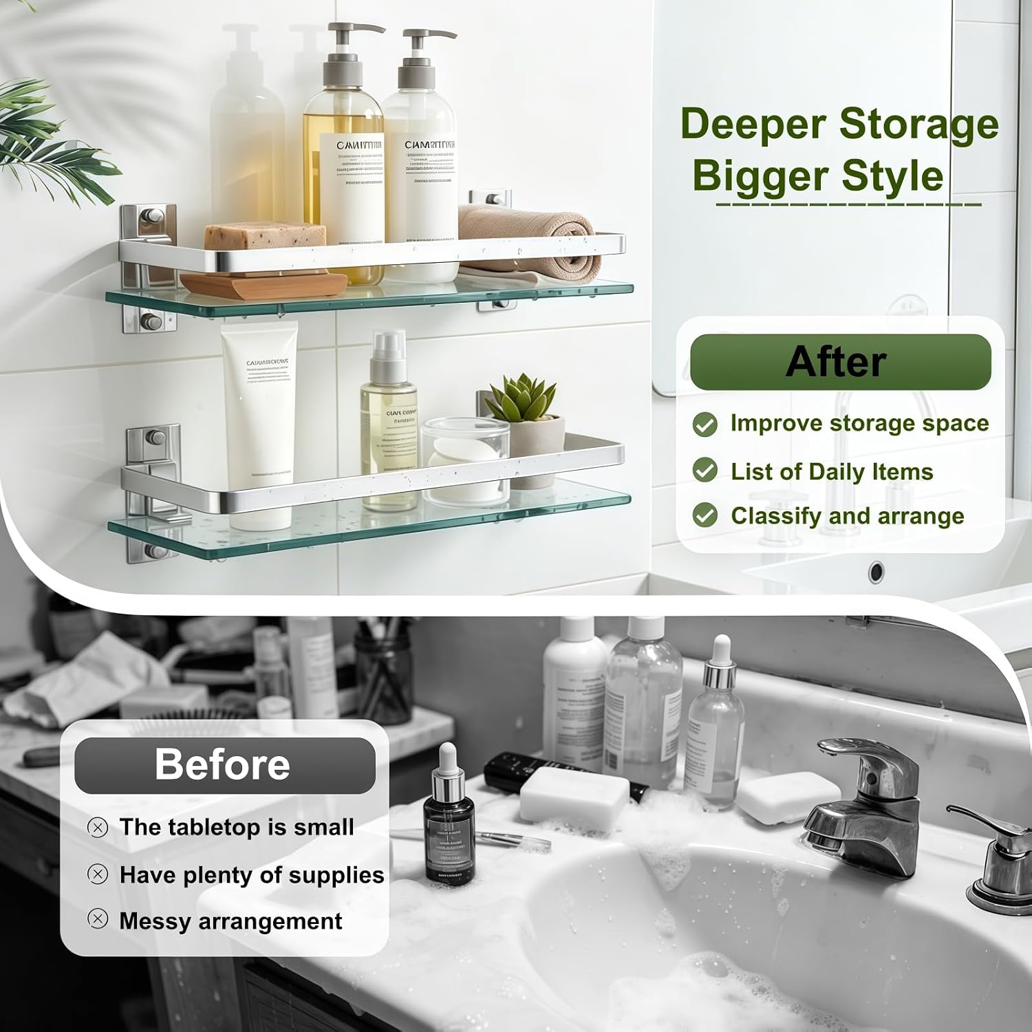 Silver Wall‑Mount Floating Glass Bathroom Shelf