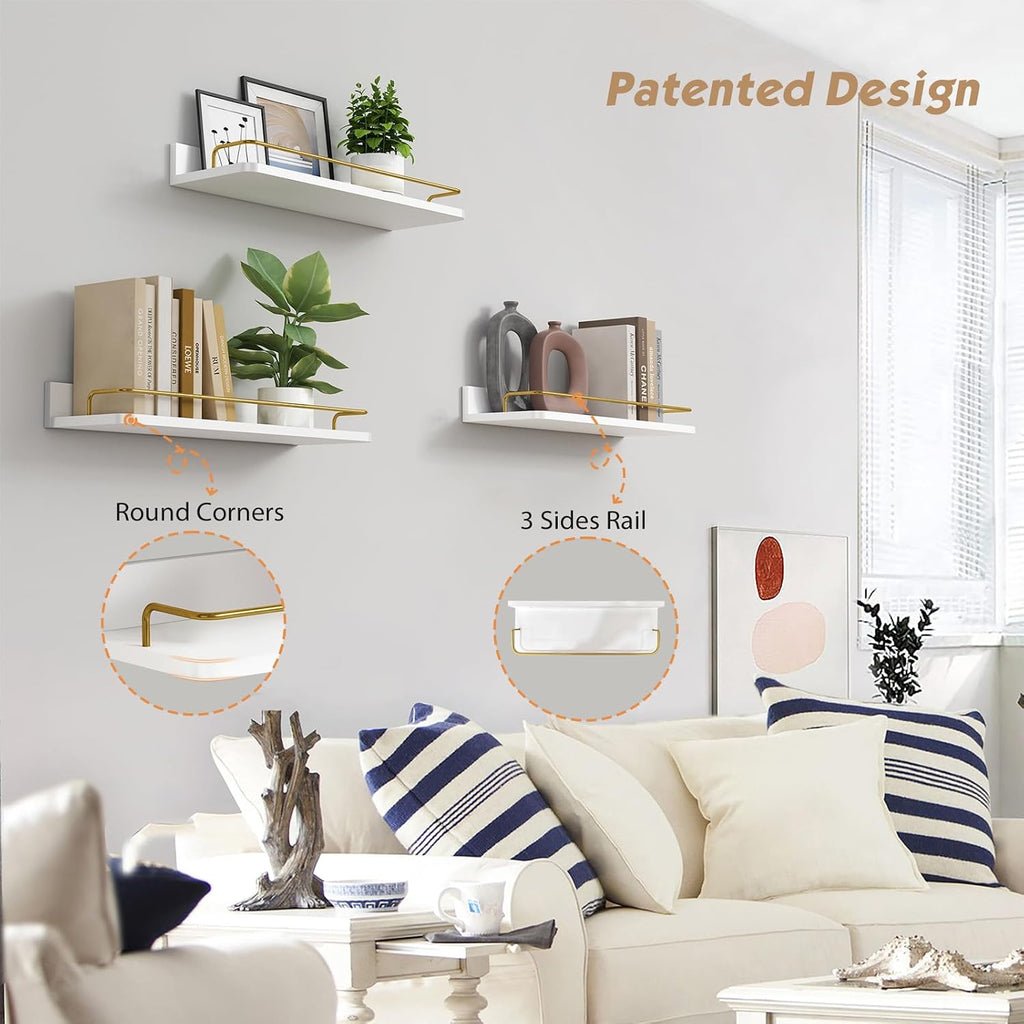 White‑Gold 3‑Pack Floating Wall Shelves