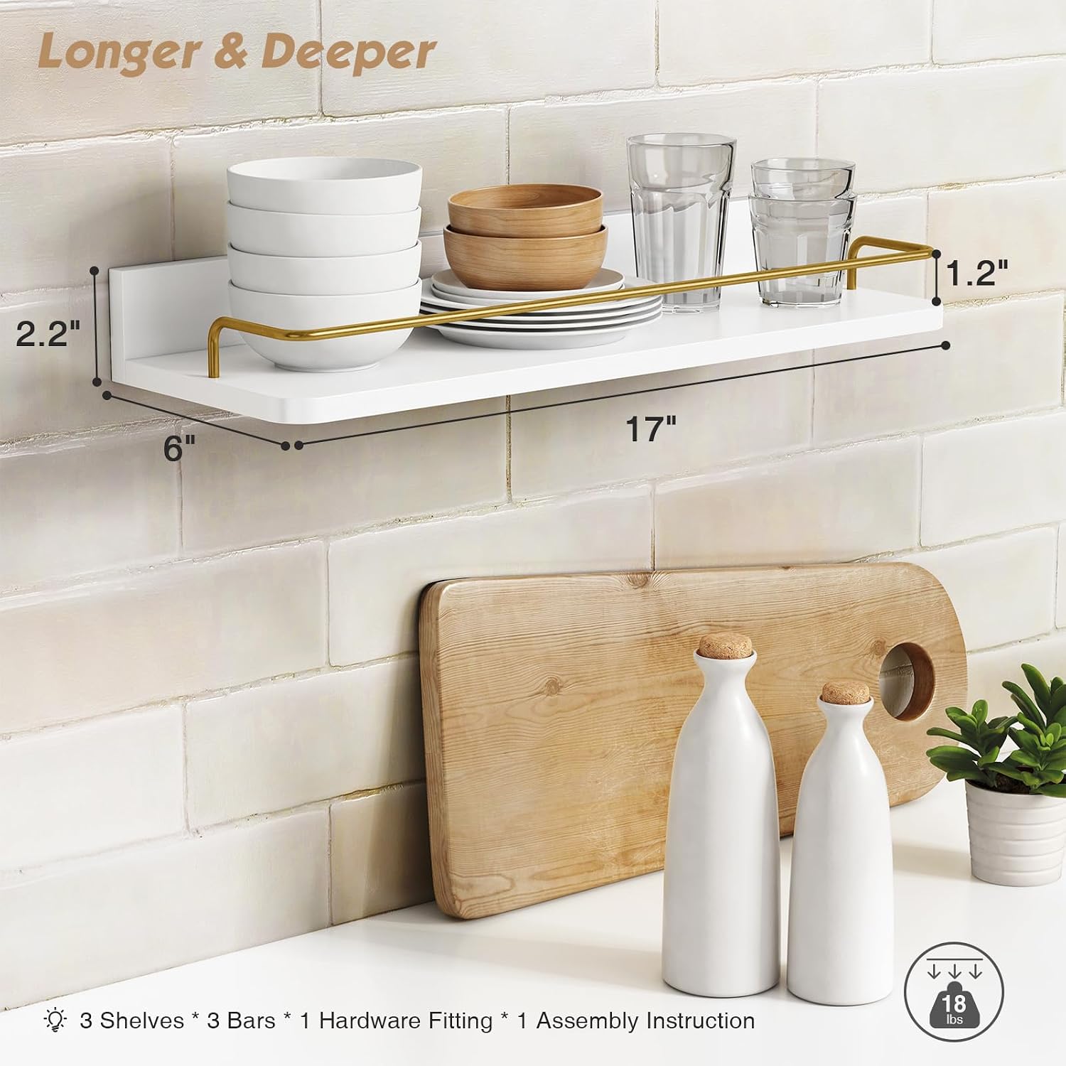White‑Gold 3‑Pack Floating Wall Shelves