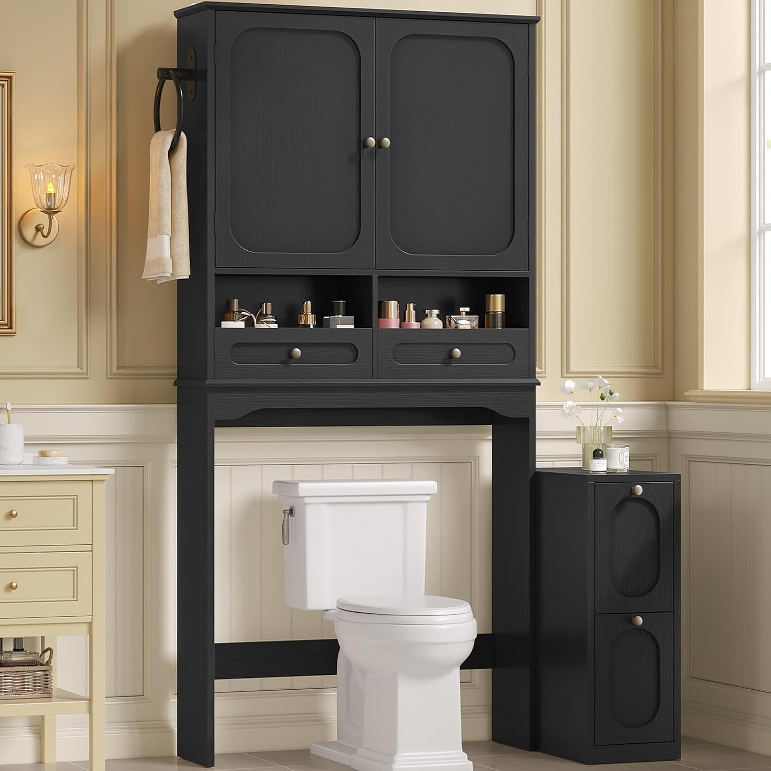 Black Over‑Toilet Storage Cabinet with Drawers