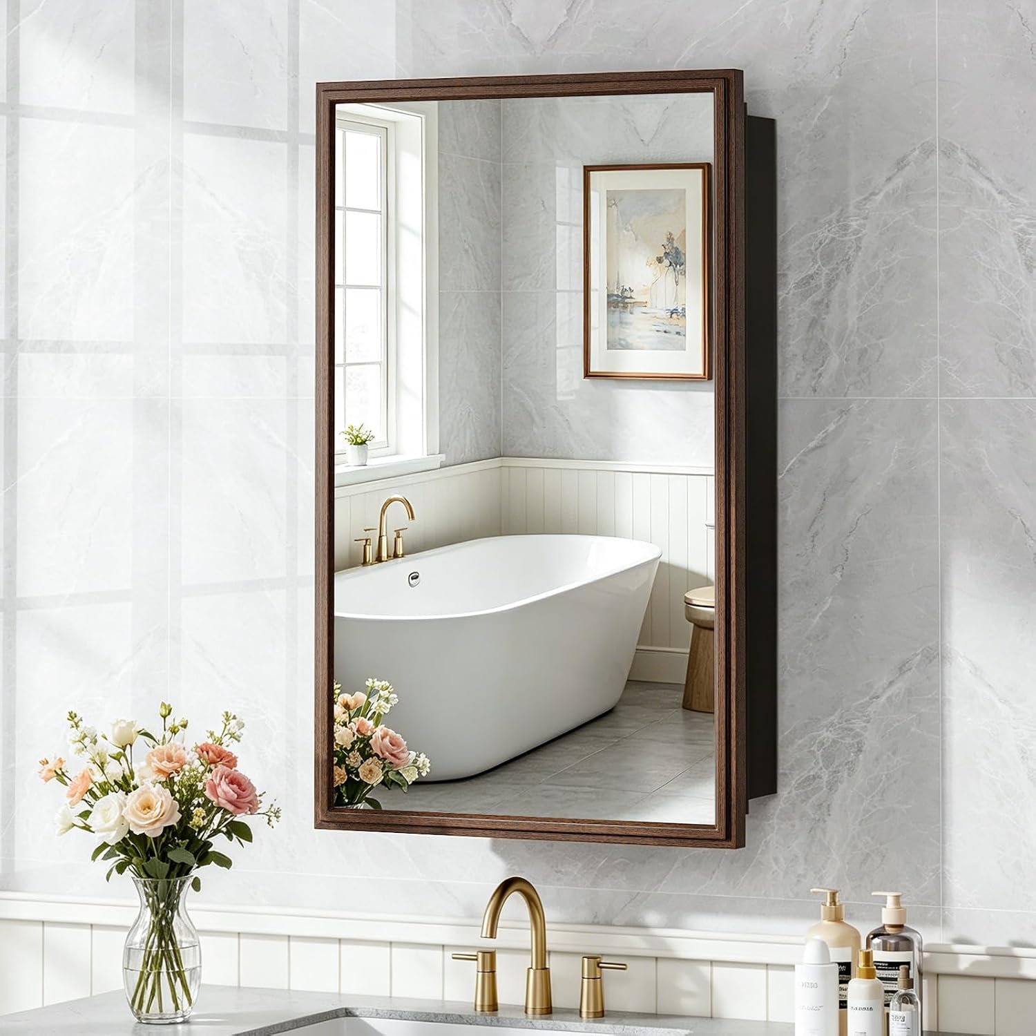 Black Walnut‑Grain 20×30 Inch Mirror Medicine Cabinet