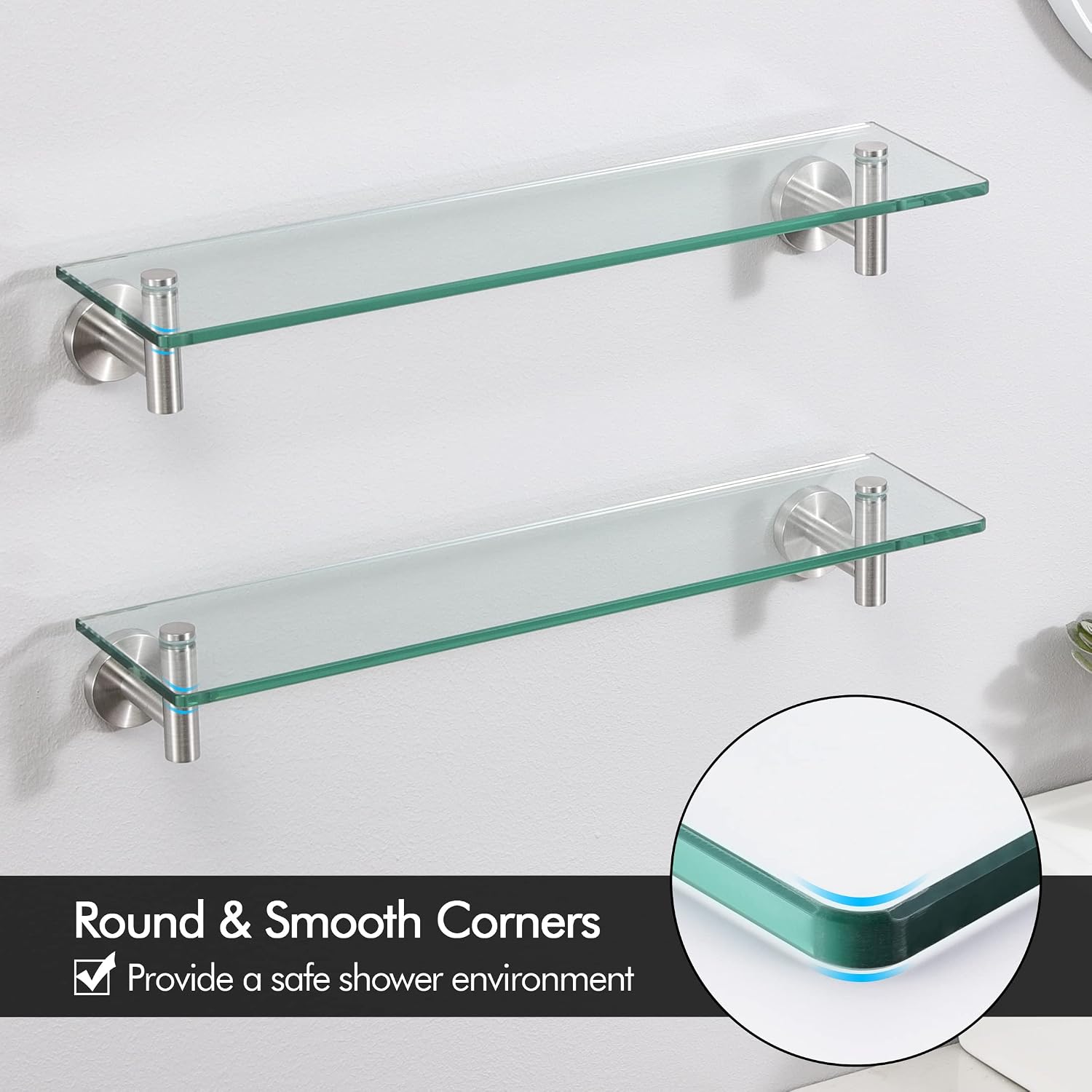 Brushed Stainless Steel 2‑Pack Glass Shelves