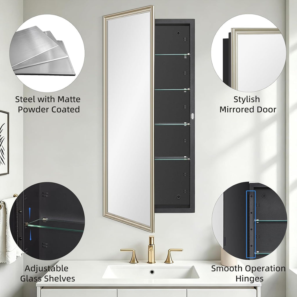 Black Gold‑Frame Mirror Medicine Cabinet