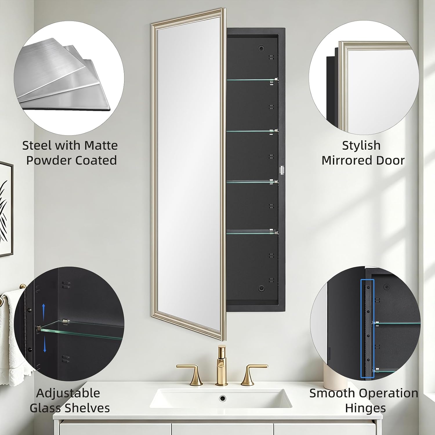 Black Gold‑Frame Mirror Medicine Cabinet