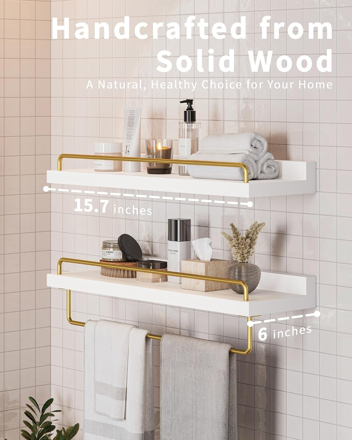 White‑Gold 3‑Pack Floating Wall Shelves