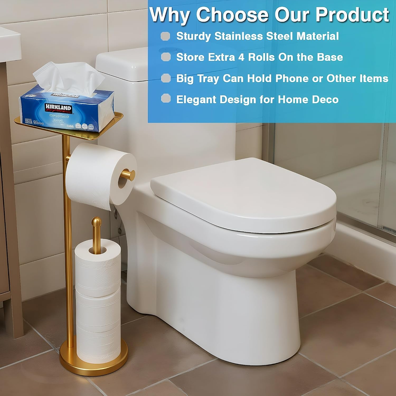 Gold Freestanding Toilet Paper Holder with Shelf