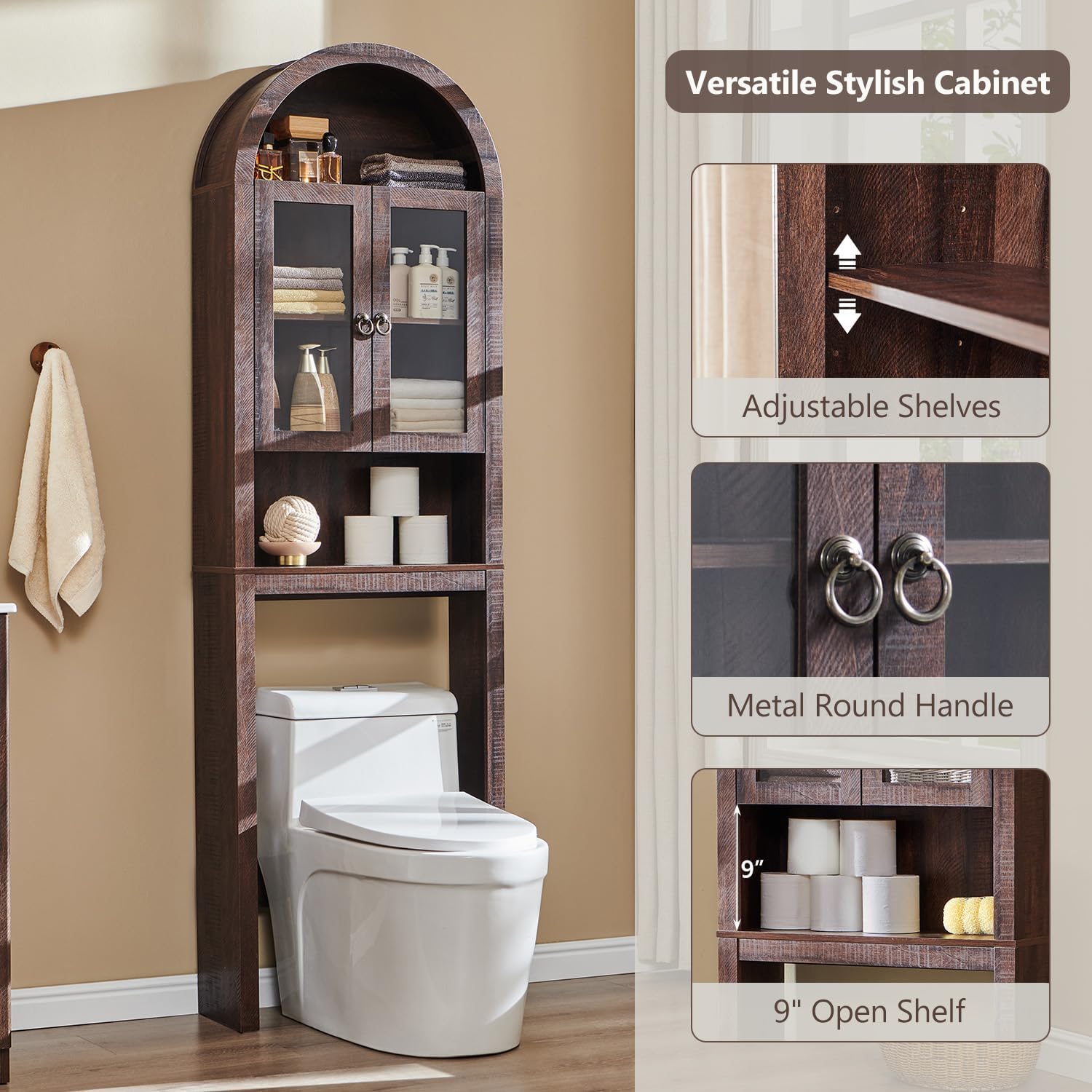 Walnut Arched Over‑Toilet Storage Cabinet