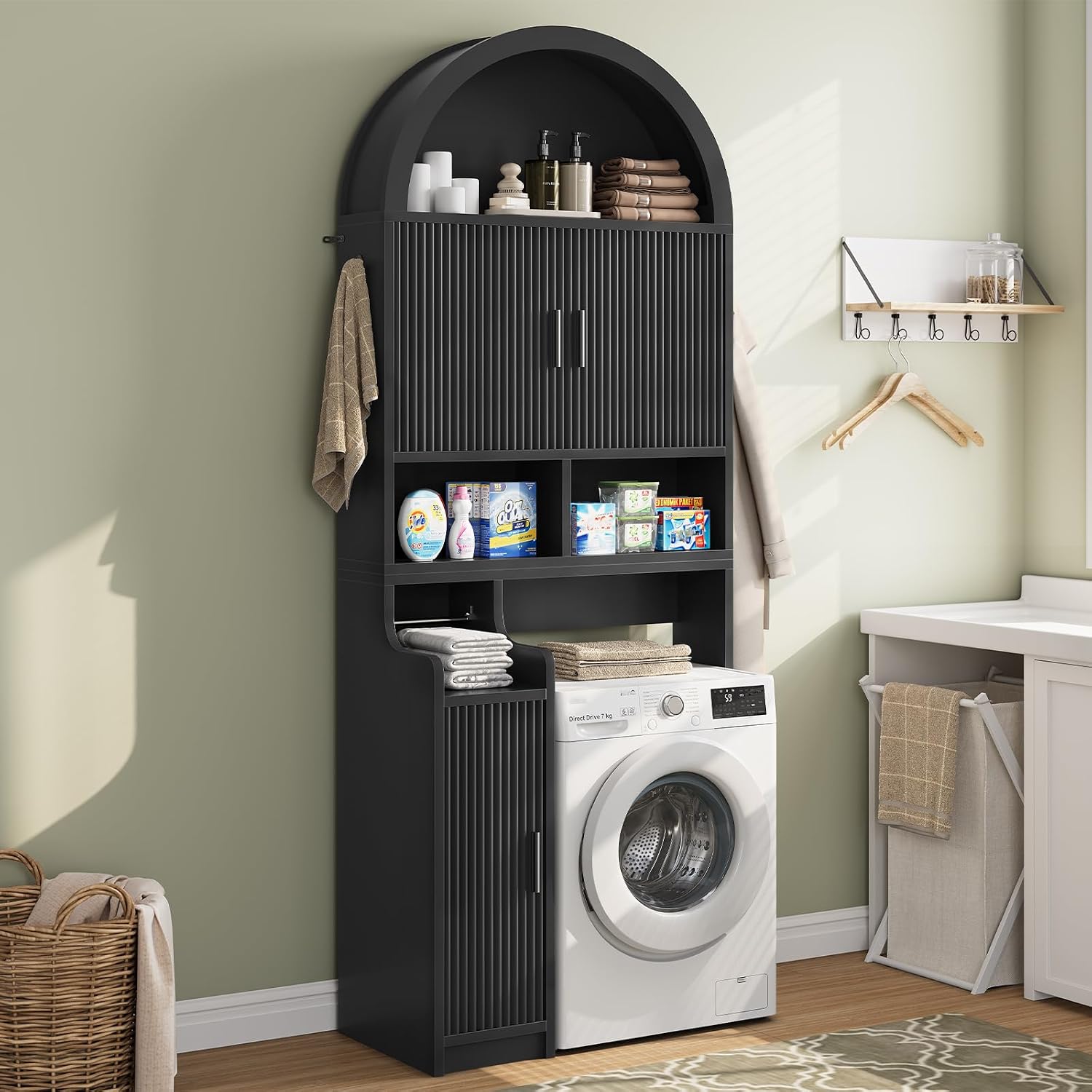 Black Arched Fluted Over‑Toilet Storage Cabinet