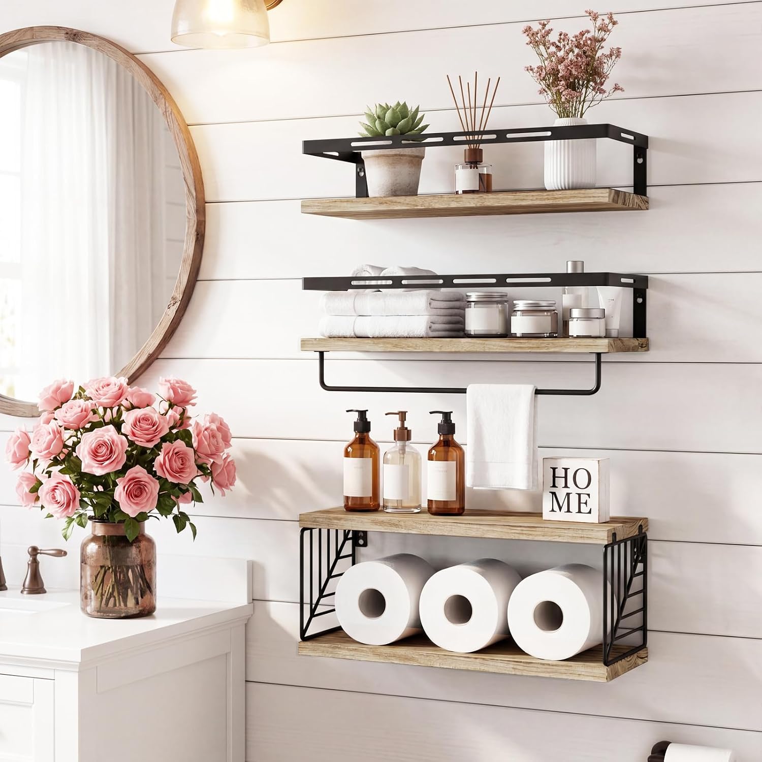 Light‑Brown 3+1 Tier Wall‑Mount Bathroom Shelves