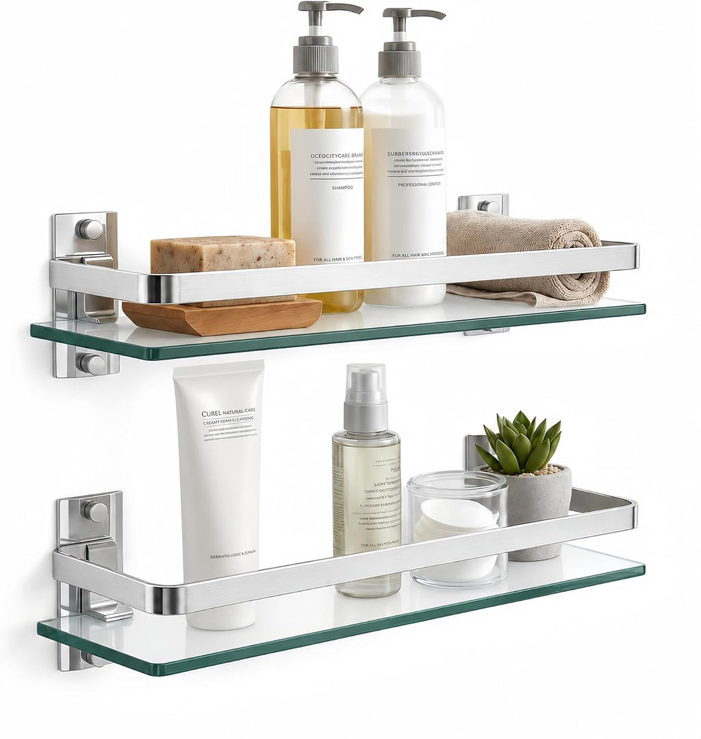 Silver Wall‑Mount Floating Glass Bathroom Shelf