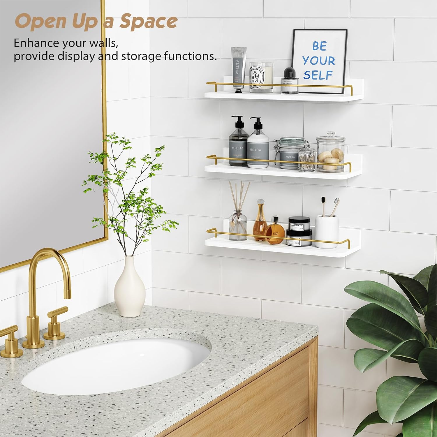 White‑Gold 3‑Pack Floating Wall Shelves