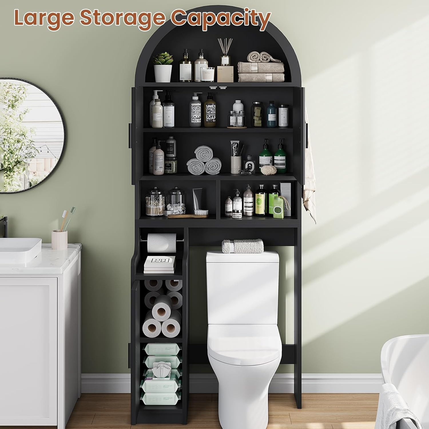Black Arched Fluted Over‑Toilet Storage Cabinet