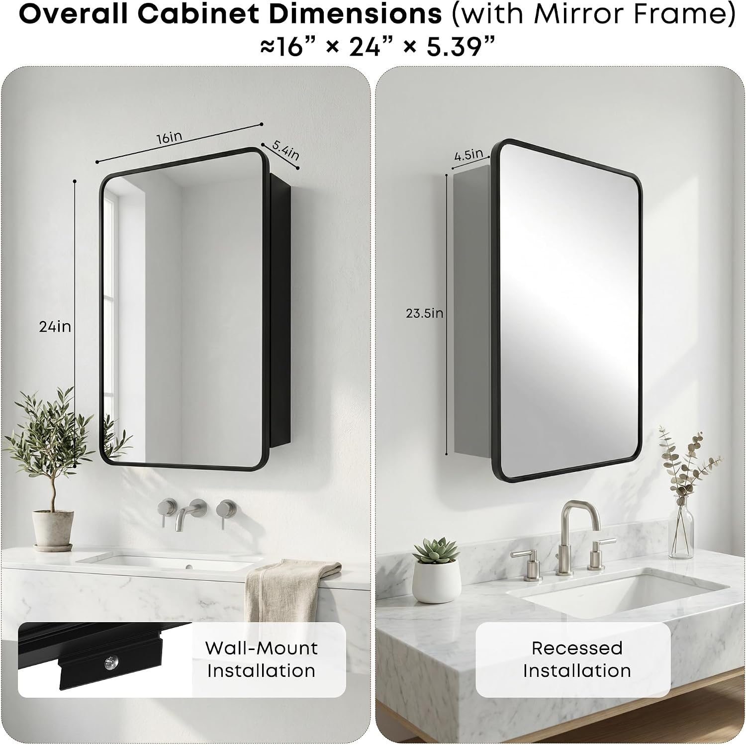 24×16 Inch Aluminum Frame Mirror Medicine Cabinet