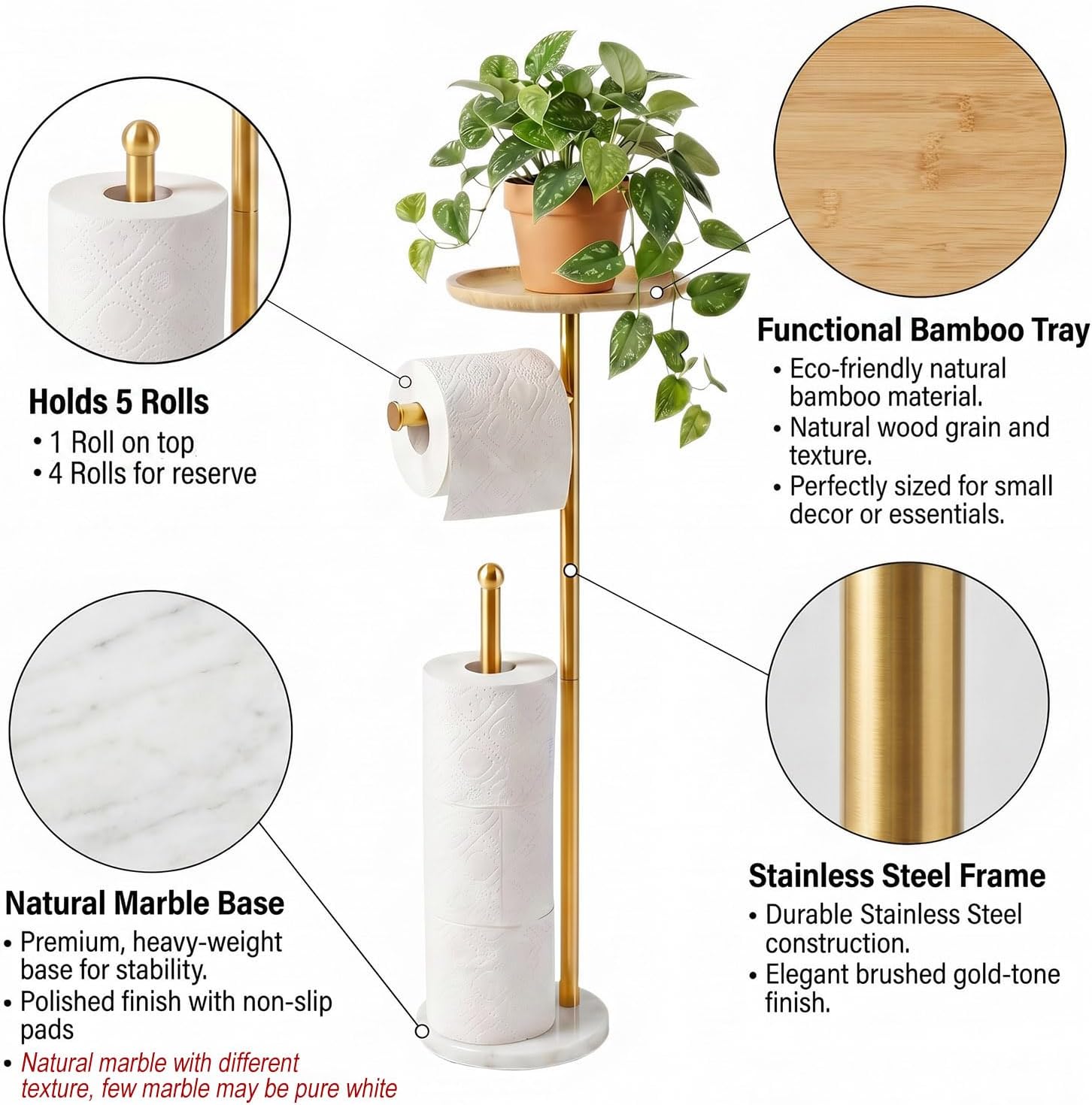 Gold Marble‑Base Freestanding Toilet Paper Holder
