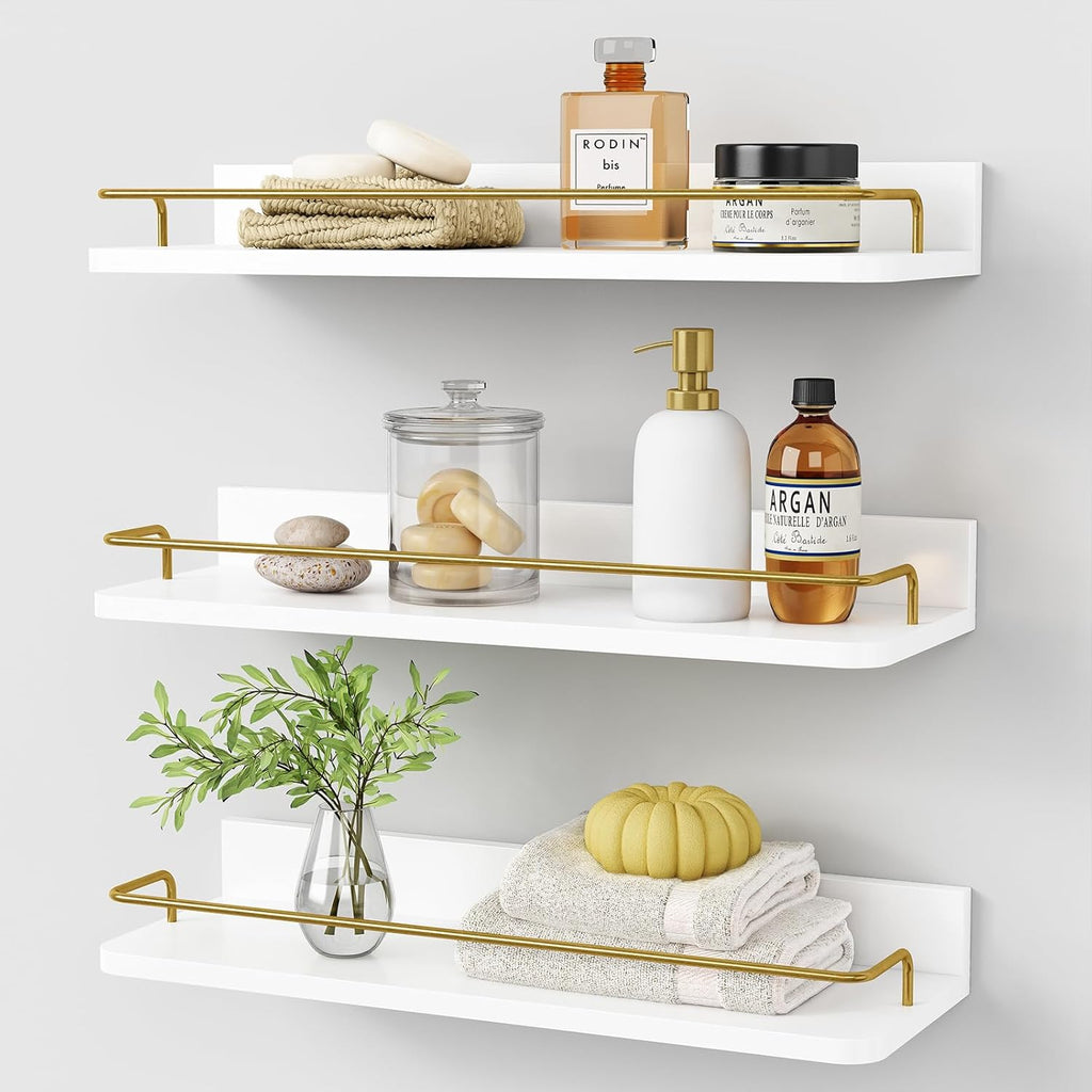 White‑Gold 3‑Pack Floating Wall Shelves