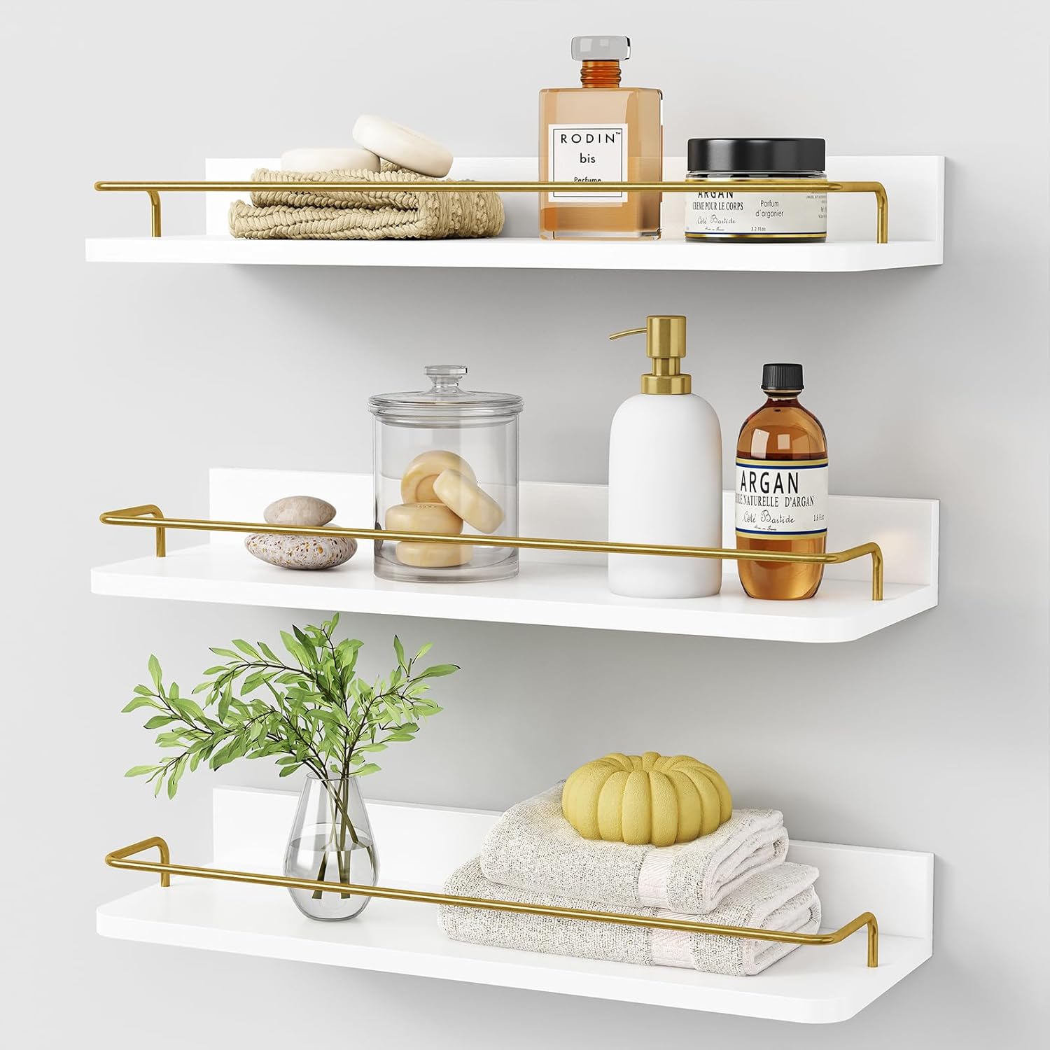 White‑Gold 3‑Pack Floating Wall Shelves