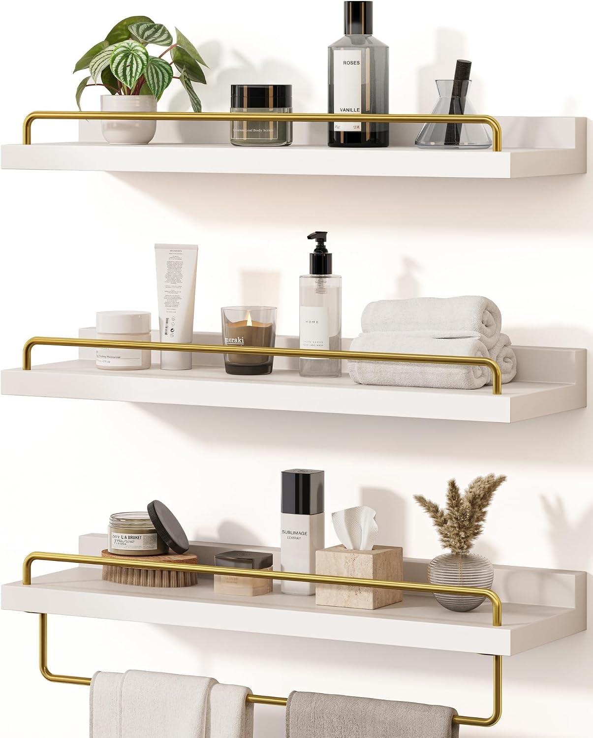 White‑Gold 3‑Pack Floating Wall Shelves