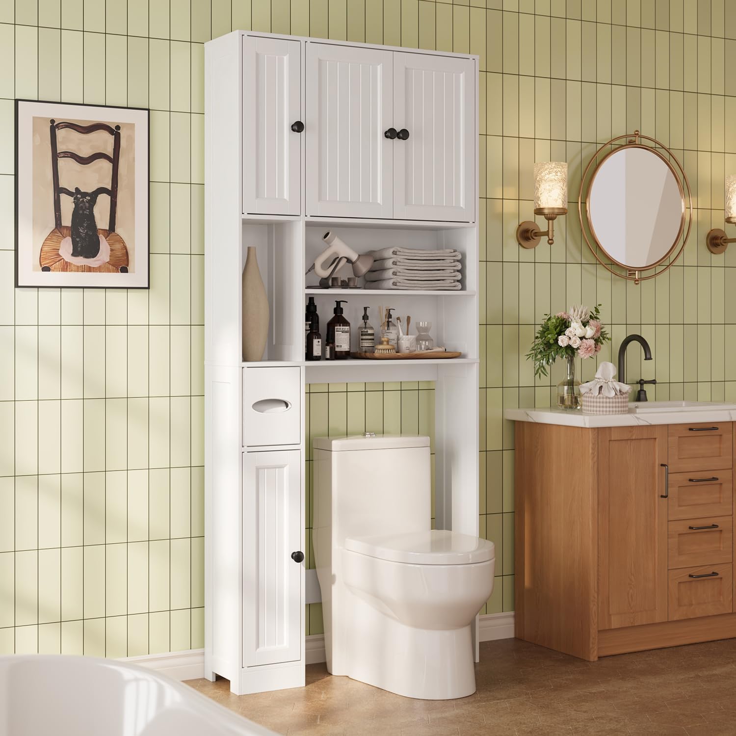 White Five‑Door Over‑Toilet Storage Cabinet
