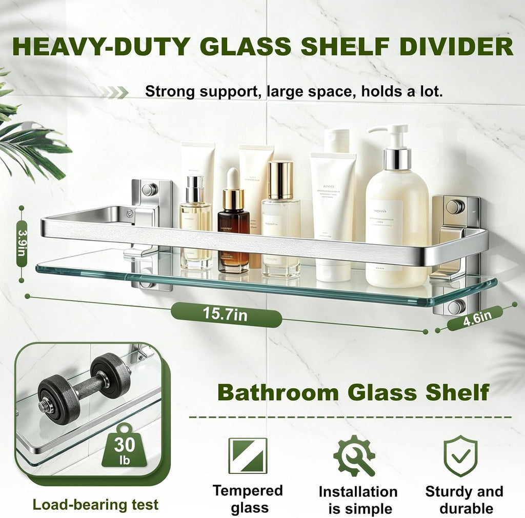 Silver Wall‑Mount Floating Glass Bathroom Shelf