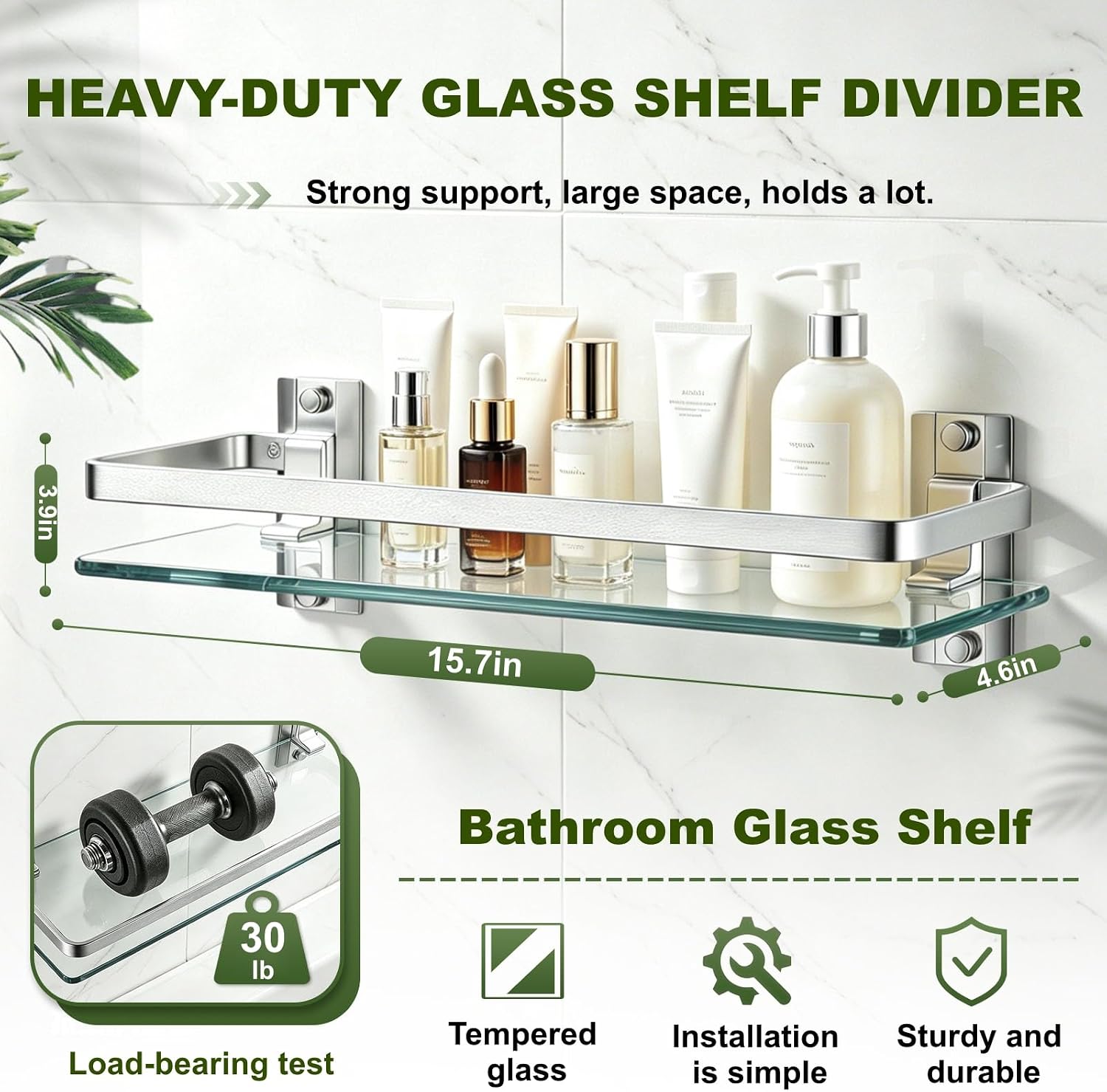 Silver Wall‑Mount Floating Glass Bathroom Shelf