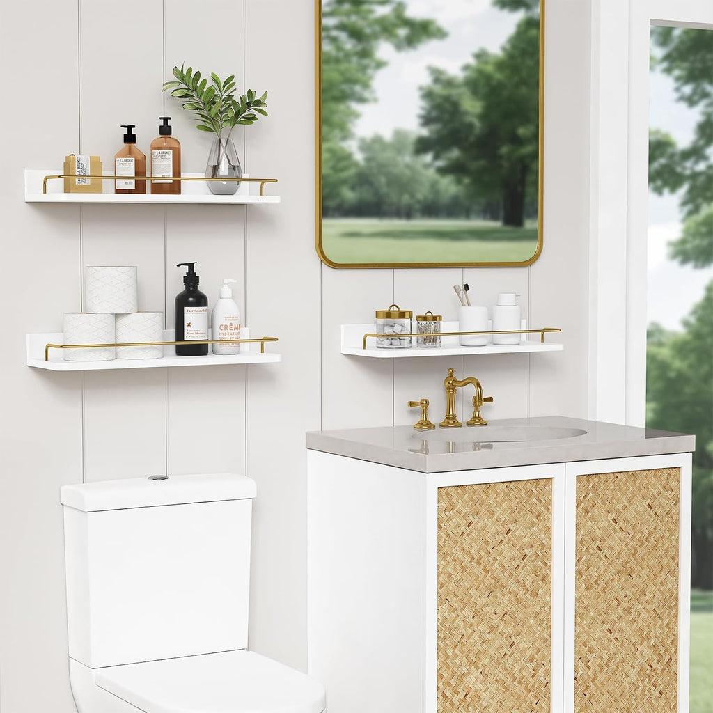 White‑Gold 3‑Pack Floating Wall Shelves