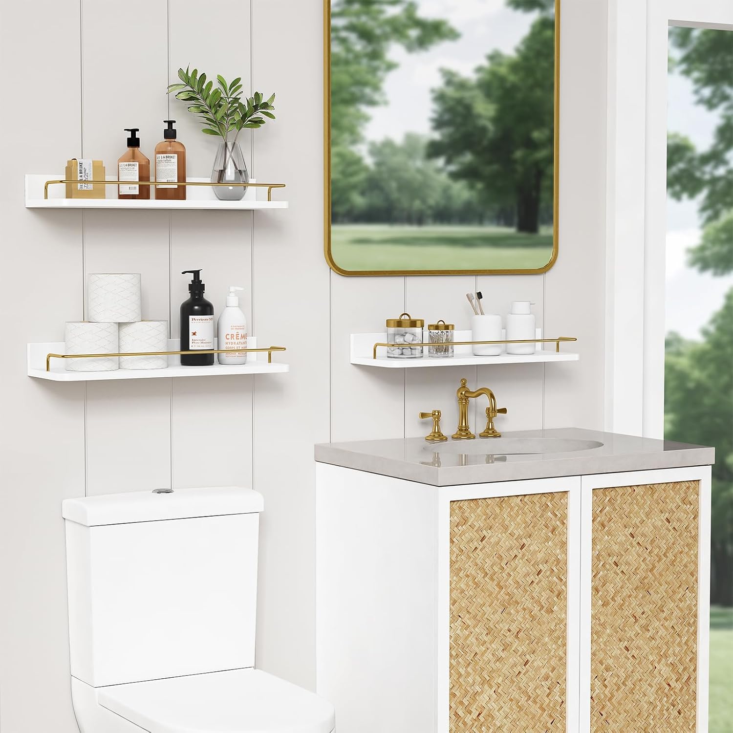 White‑Gold 3‑Pack Floating Wall Shelves