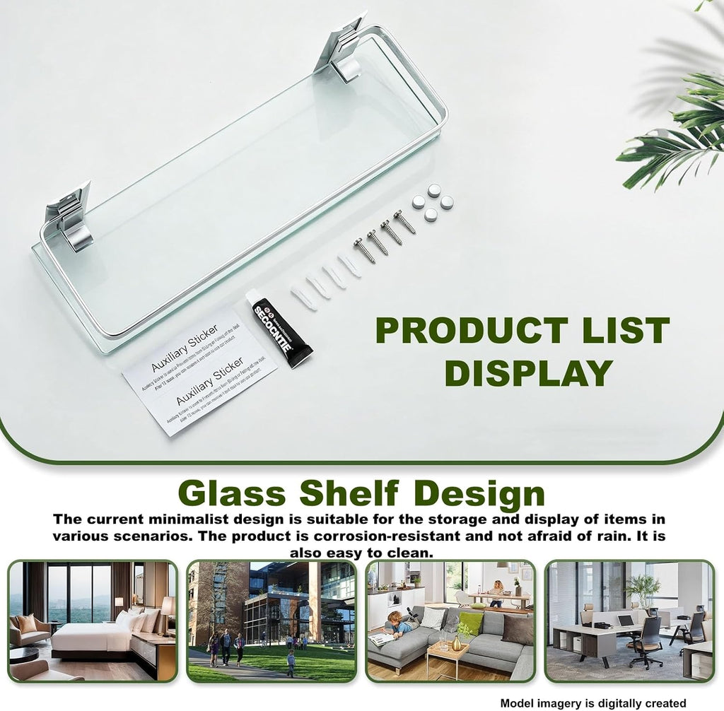 Silver Wall‑Mount Floating Glass Bathroom Shelf