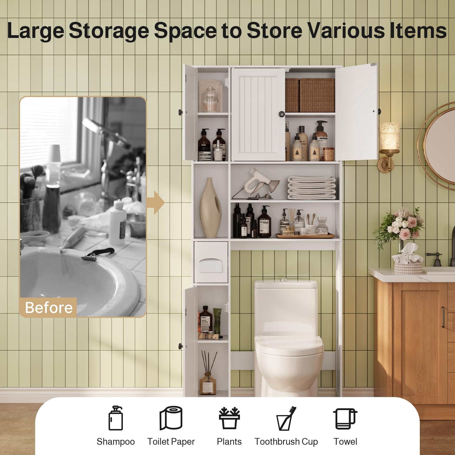 White Five‑Door Over‑Toilet Storage Cabinet