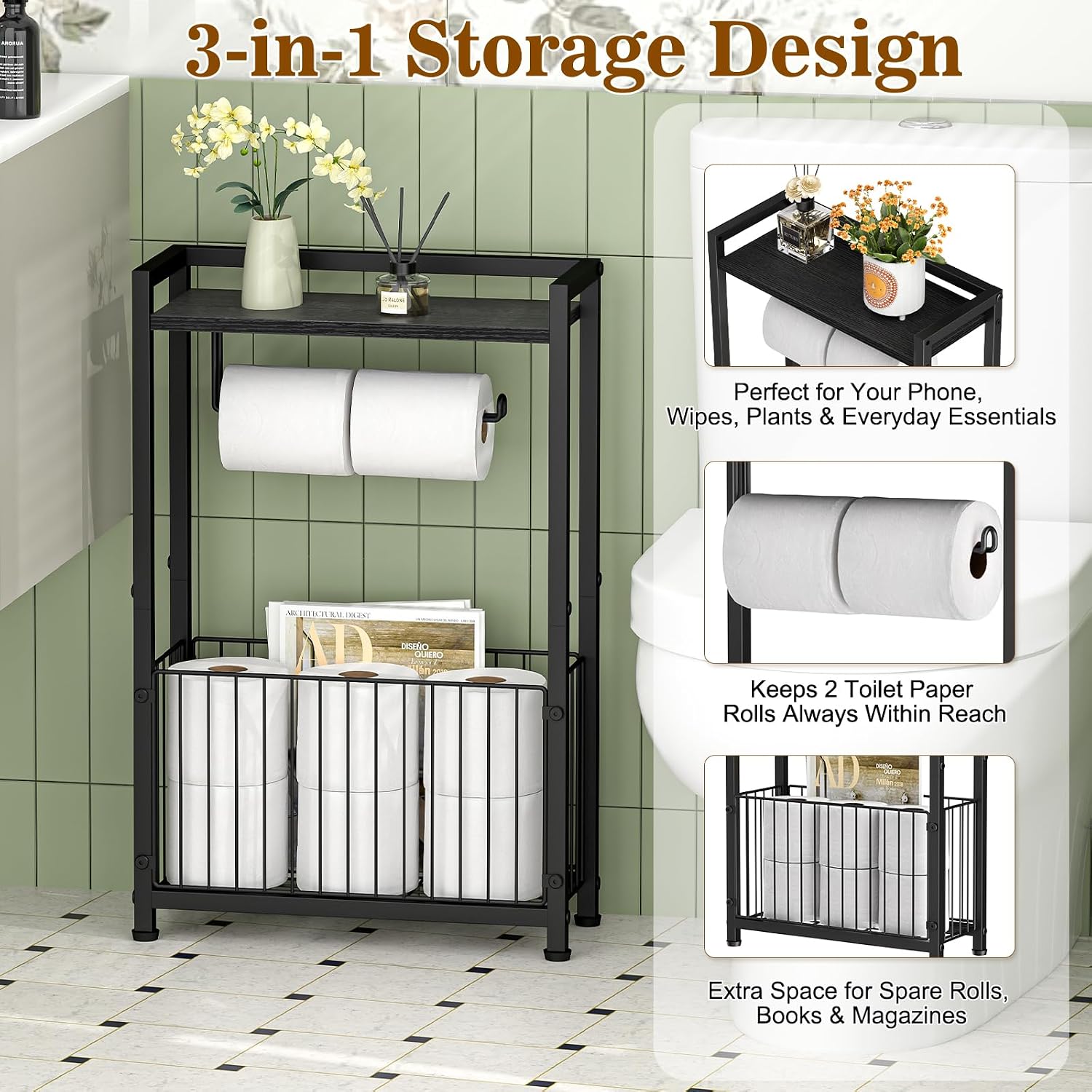 Slim Freestanding Toilet Paper Holder with Shelf