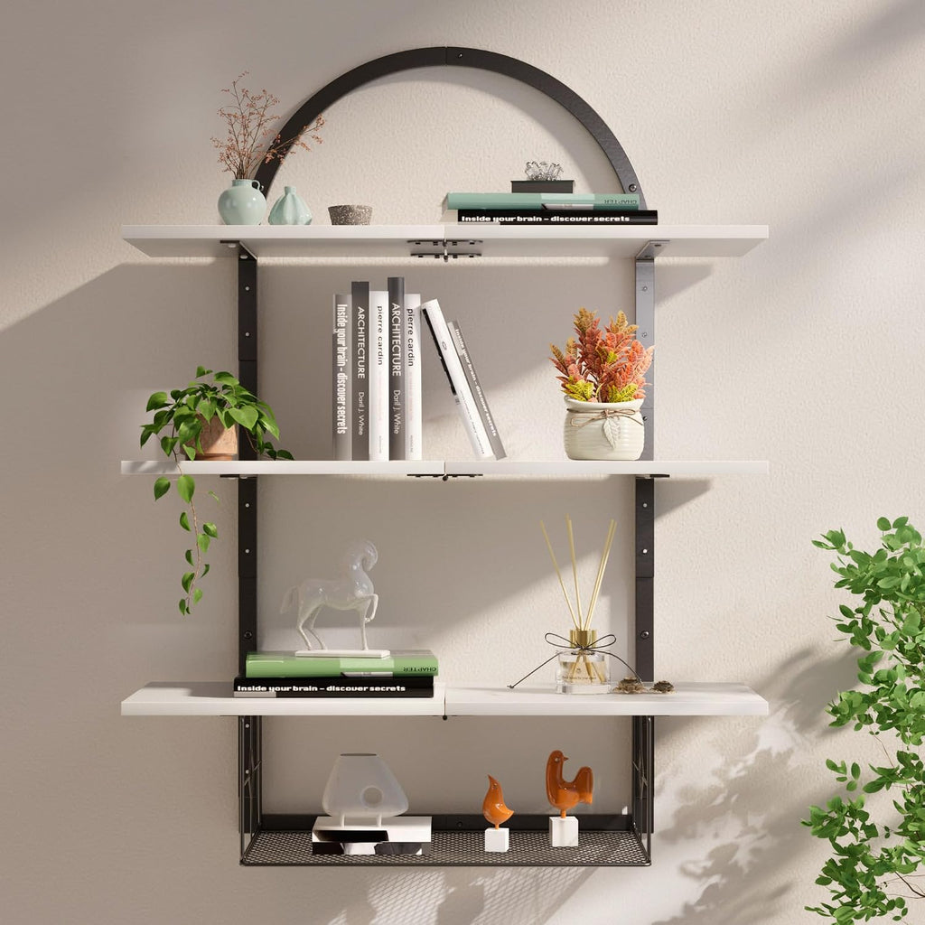 White Multi‑Tier Floating Wall Shelf with Basket
