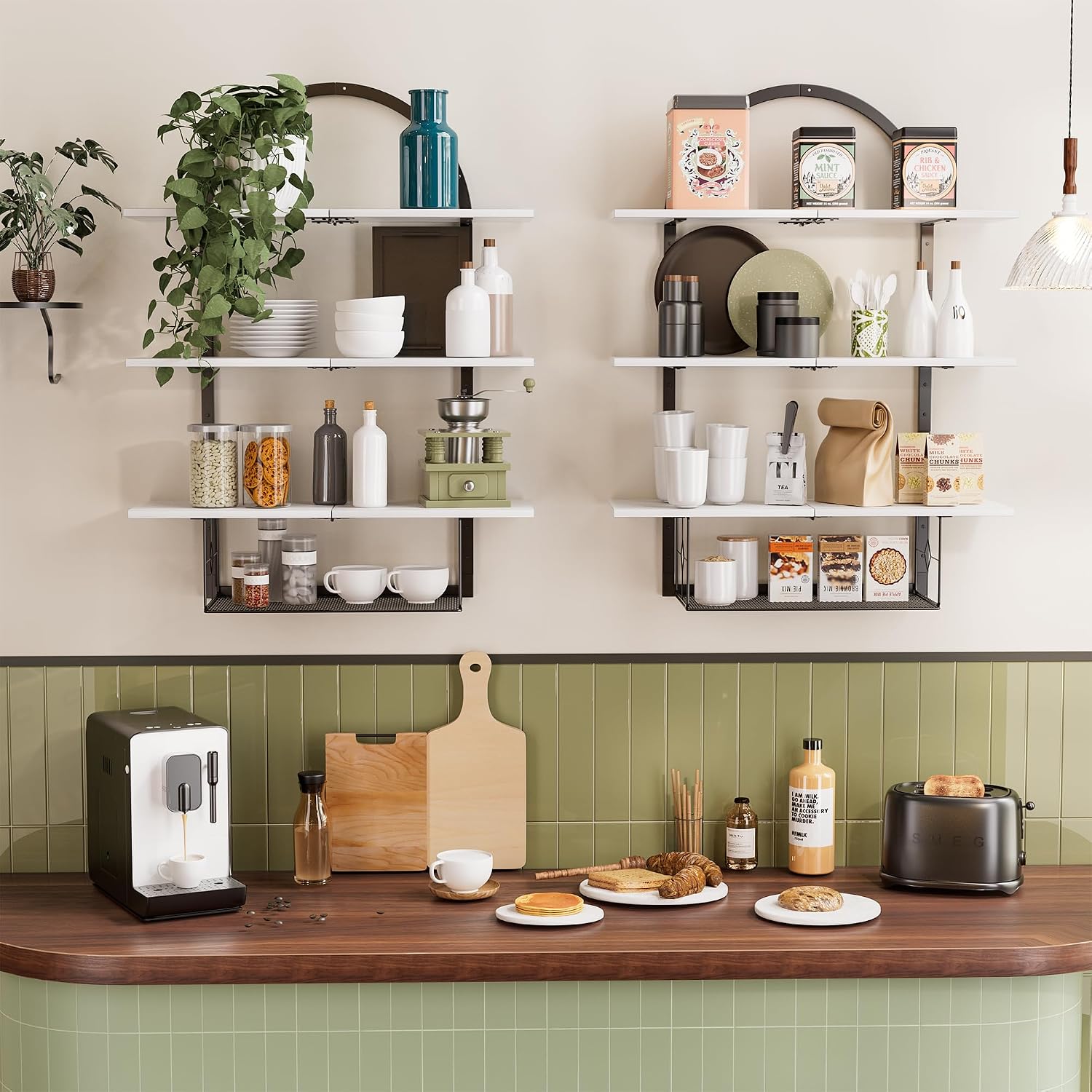 White Multi‑Tier Floating Wall Shelf with Basket