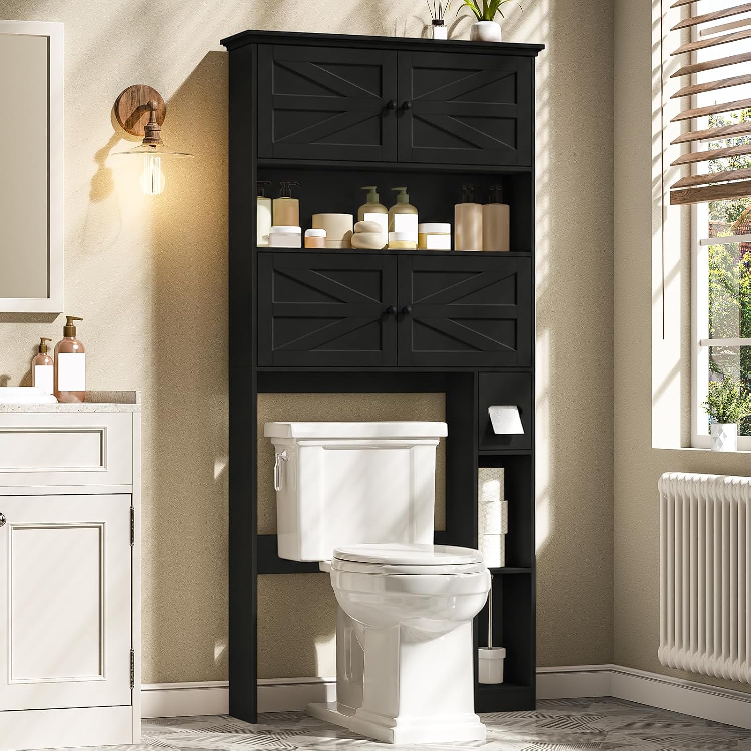 Black Barn‑Door Over‑Toilet Storage Cabinet