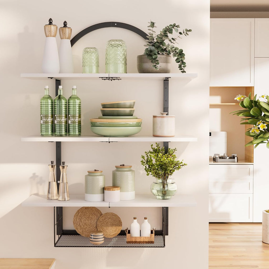 White Multi‑Tier Floating Wall Shelf with Basket