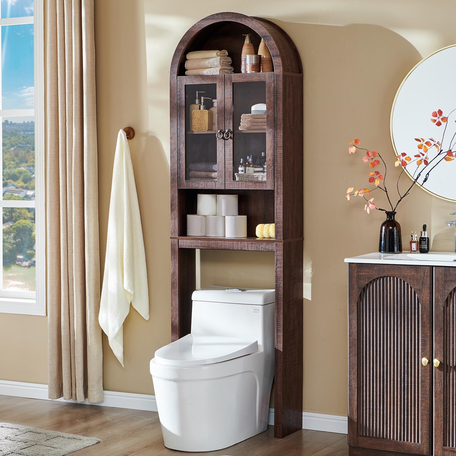 Walnut Arched Over‑Toilet Storage Cabinet
