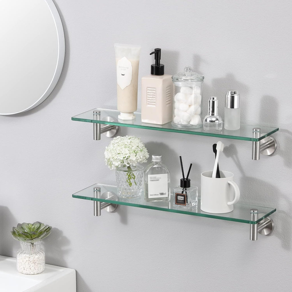 Brushed Stainless Steel 2‑Pack Glass Shelves