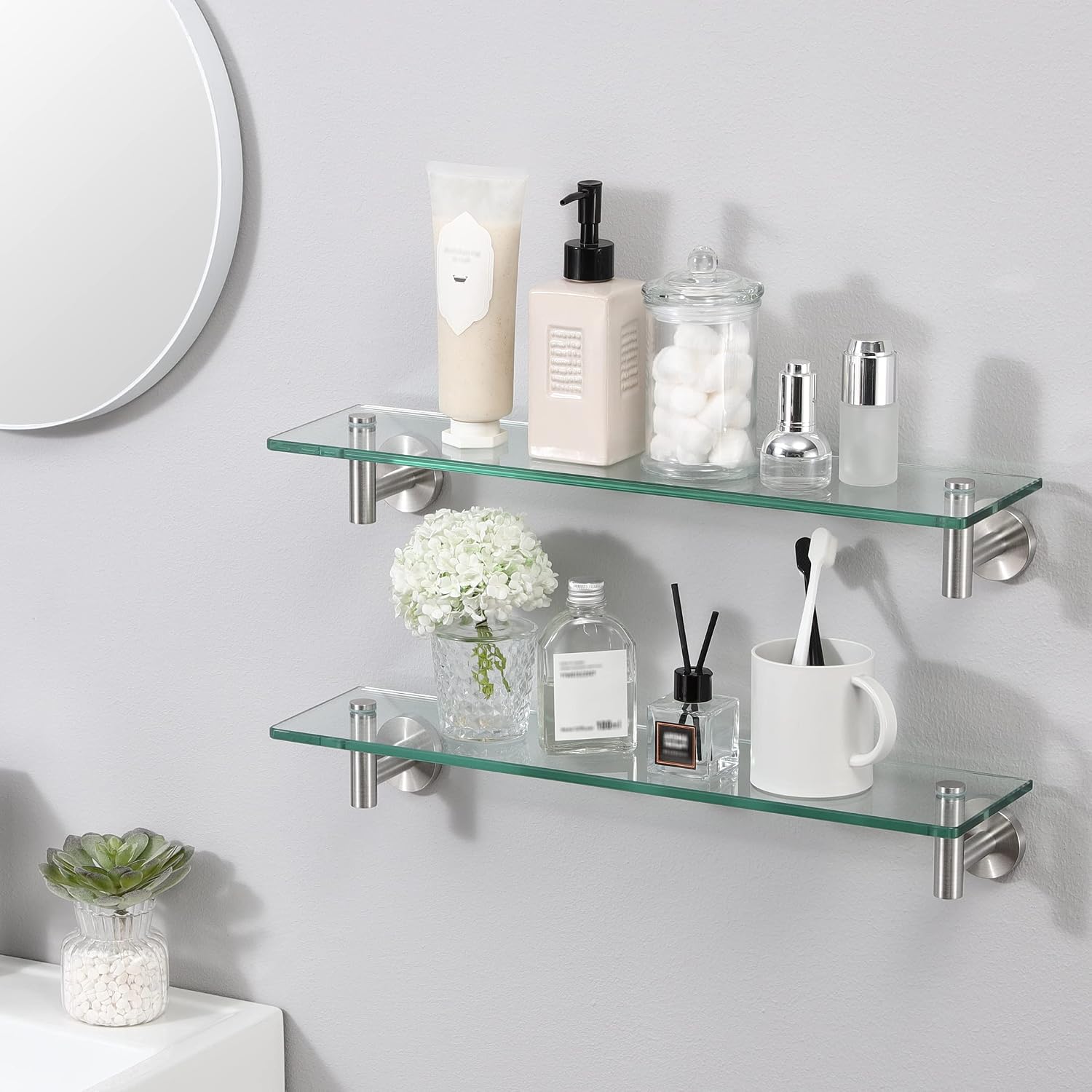 Brushed Stainless Steel 2‑Pack Glass Shelves