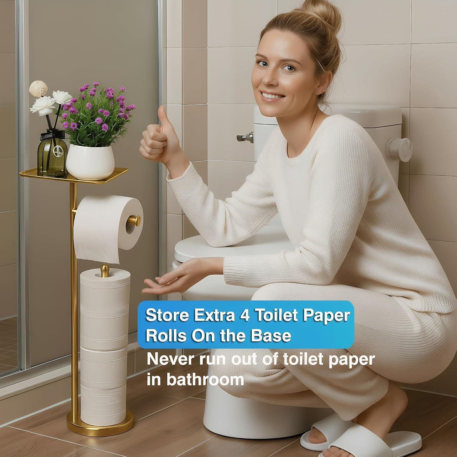 Gold Freestanding Toilet Paper Holder with Shelf