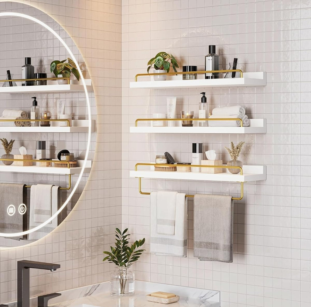 White‑Gold 3‑Pack Floating Wall Shelves